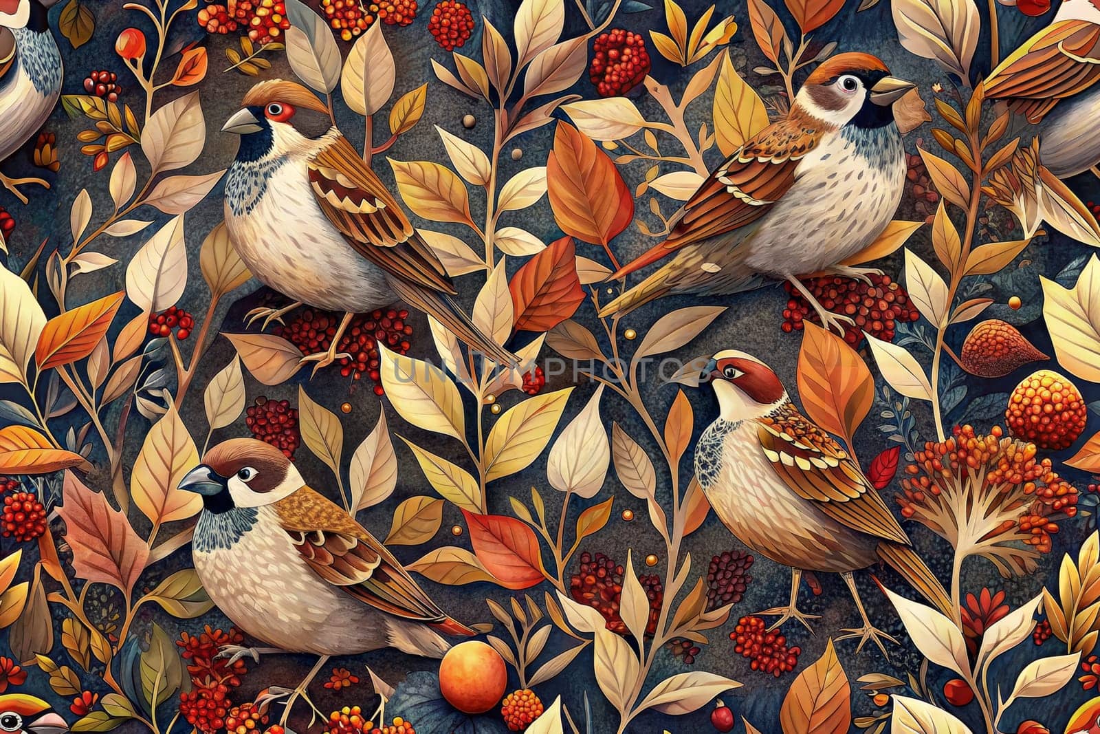 A vibrant digital illustration depicting a lush autumnal landscape with four sparrows perched among the branches, leaves, and berries. The birds, rendered in a detailed and intricate style, are surrounded by vibrant hues of red, orange, and yellow, reflecting the changing colors of the season.