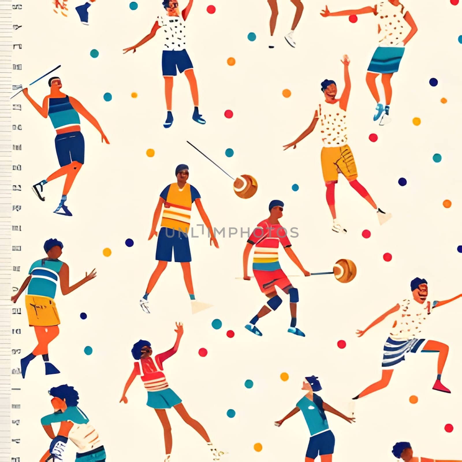 A vibrant, illustrative pattern of athletes in action, showcasing diversity in sports and athleticism.