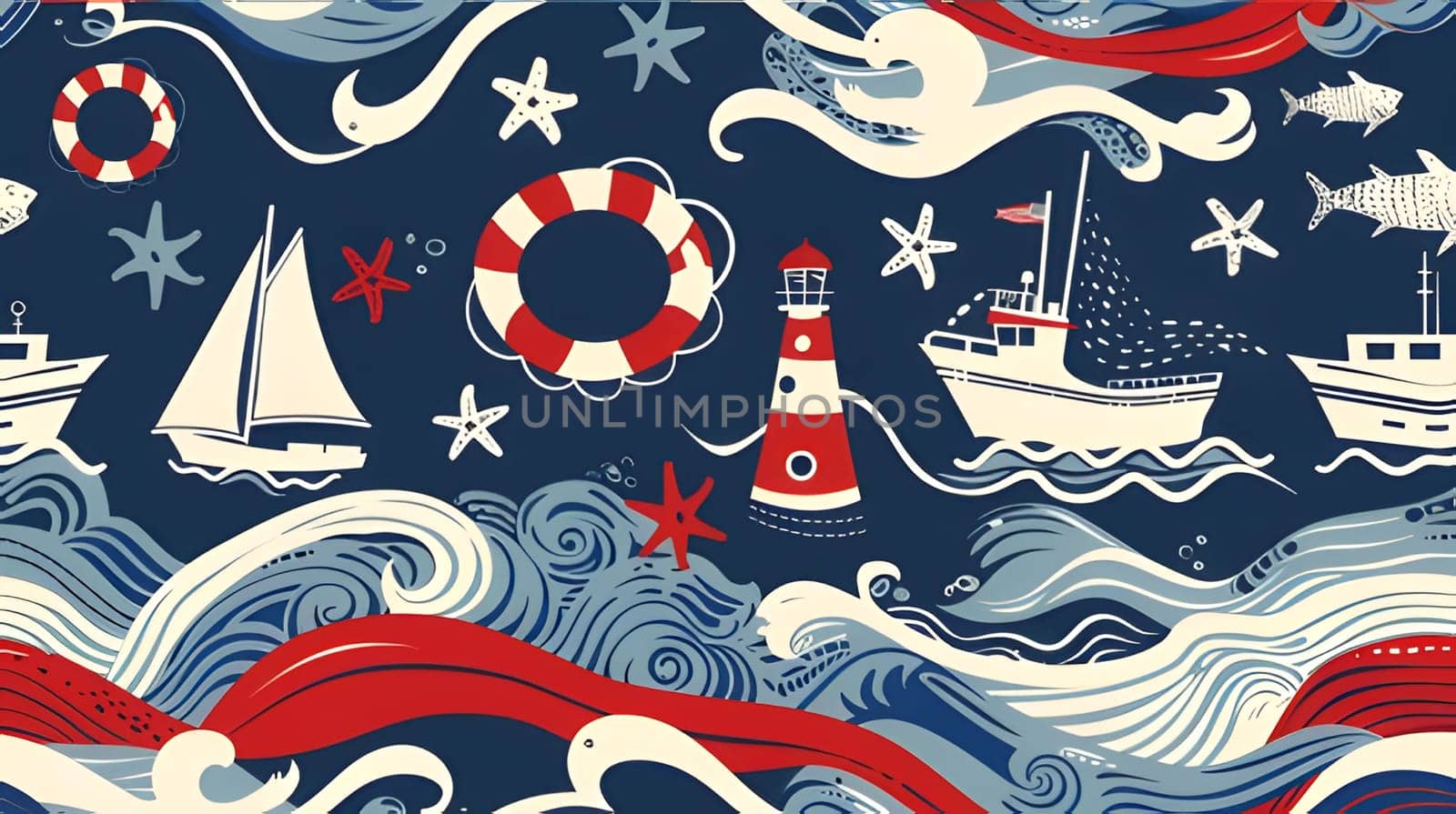 A colorful pattern featuring various nautical elements including boats, lighthouses, lifebuoys, starfish, and fish.
