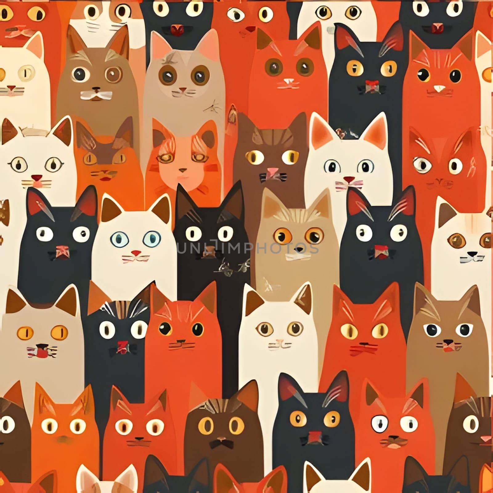An adorable illustration featuring a crowd of cats with different colors and expressions. The cats are all sitting or standing together, making for a playful and charming image.