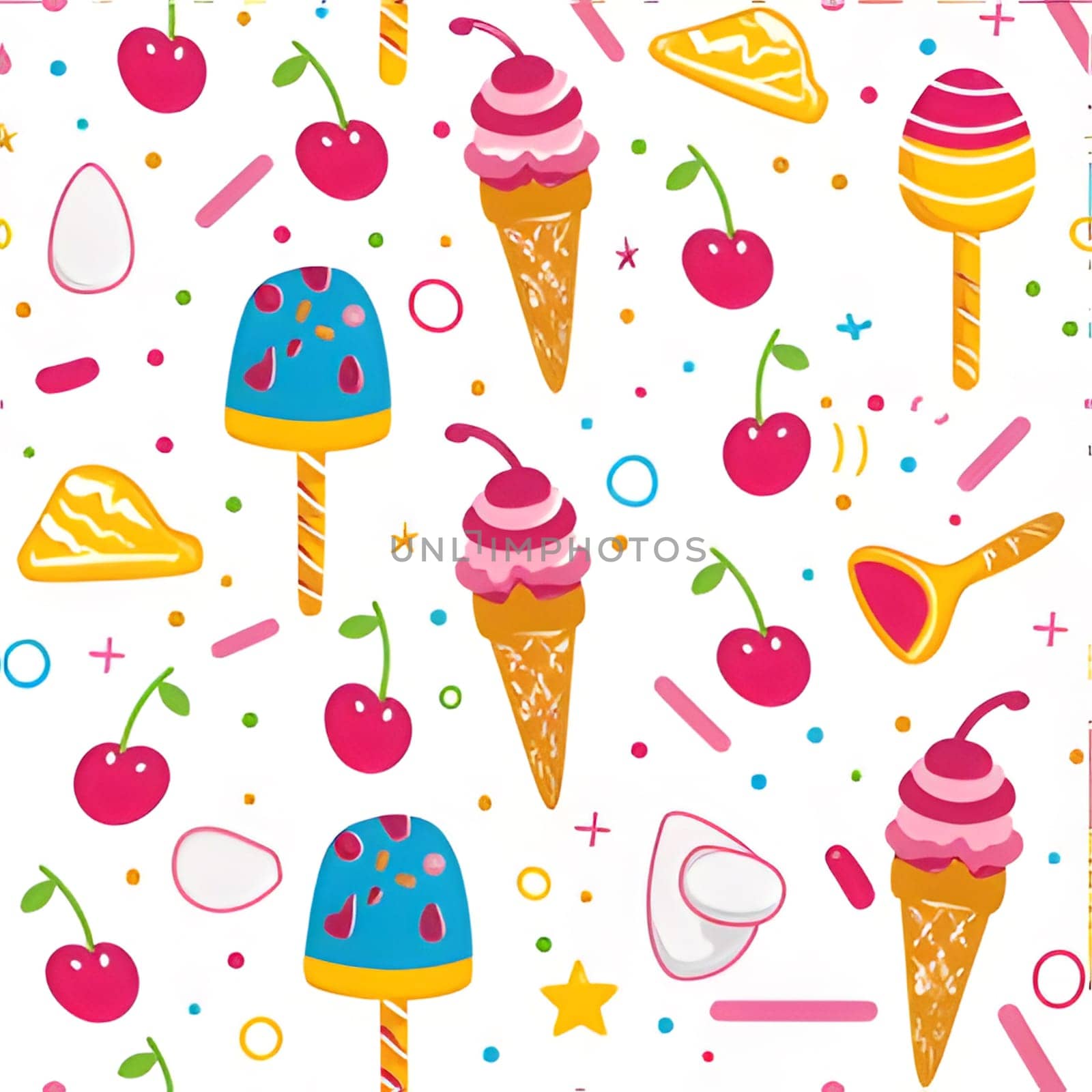 A colorful, playful pattern featuring ice cream cones, cherries, and popsicles on a white background. It's a perfect design for summer!