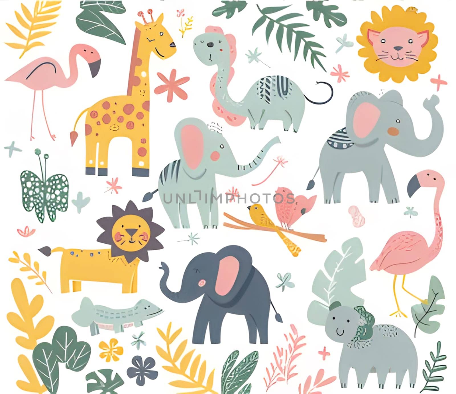 A colorful illustration featuring various jungle animals in a cartoon style. The illustration includes a giraffe, elephant, flamingo, lion, dinosaur, bird, and leaves.