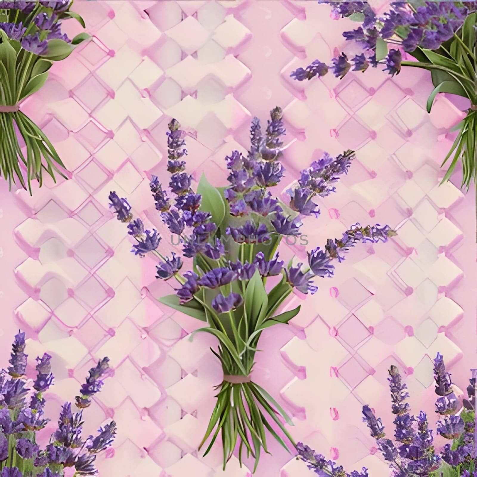 A beautiful bouquet of lavender flowers arranged on a pink background with a delicate pattern. The flowers are arranged in a way that creates a sense of elegance and beauty.