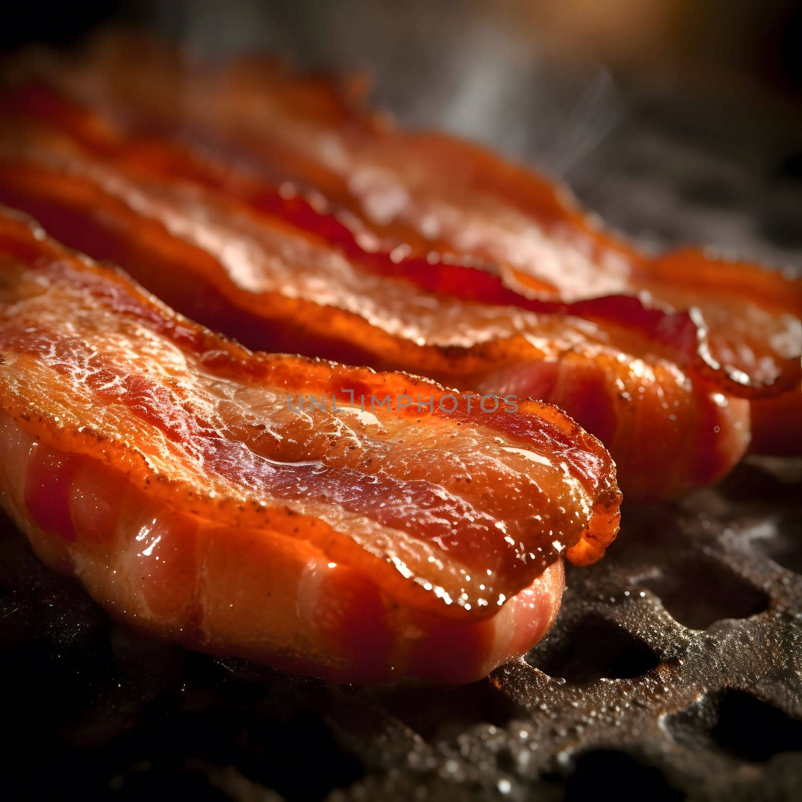A close-up shot of crispy bacon strips cooked to perfection. The bacon is glistening with fat and looks incredibly appetizing.