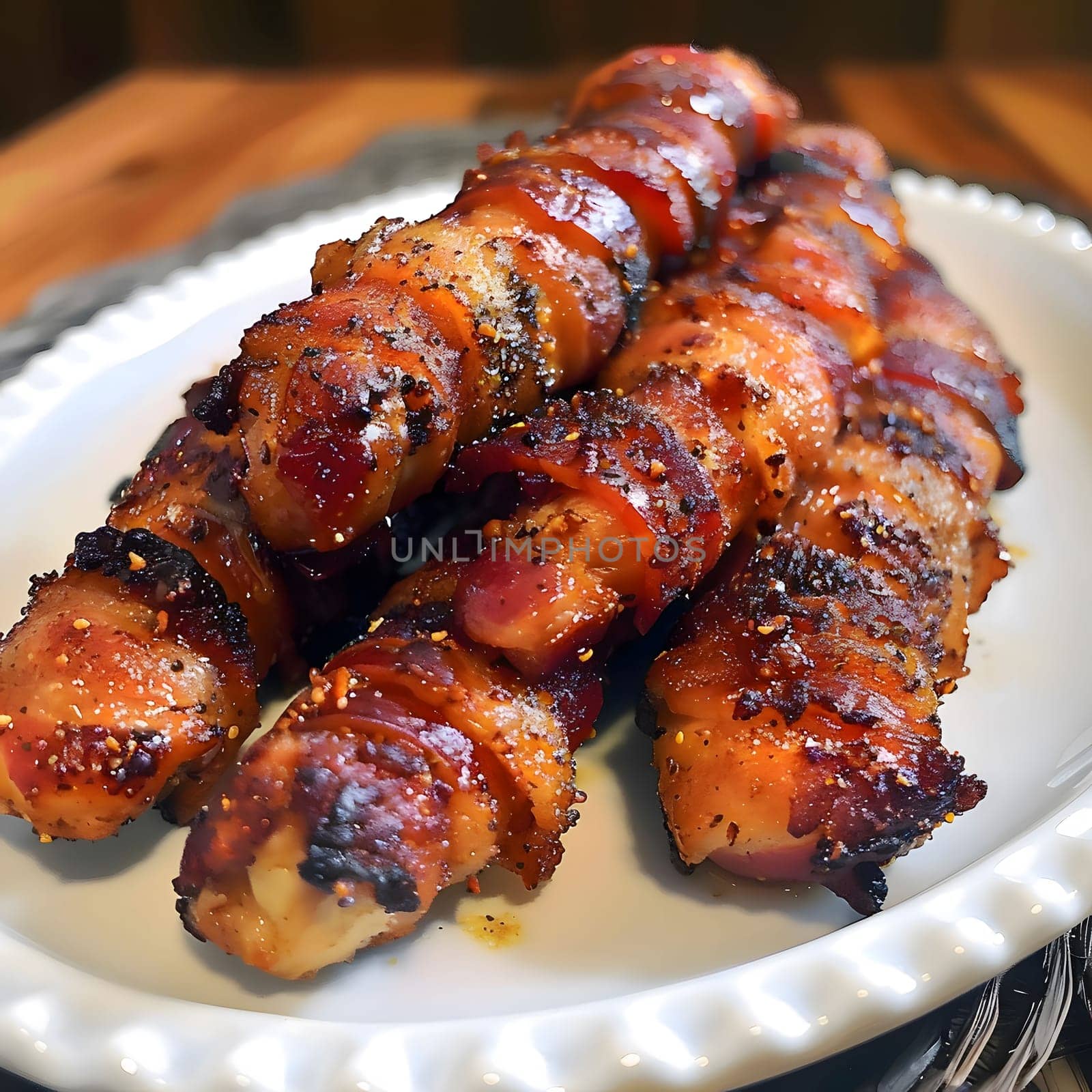 Three skewers of bacon wrapped chicken, cooked to perfection and ready to be enjoyed.