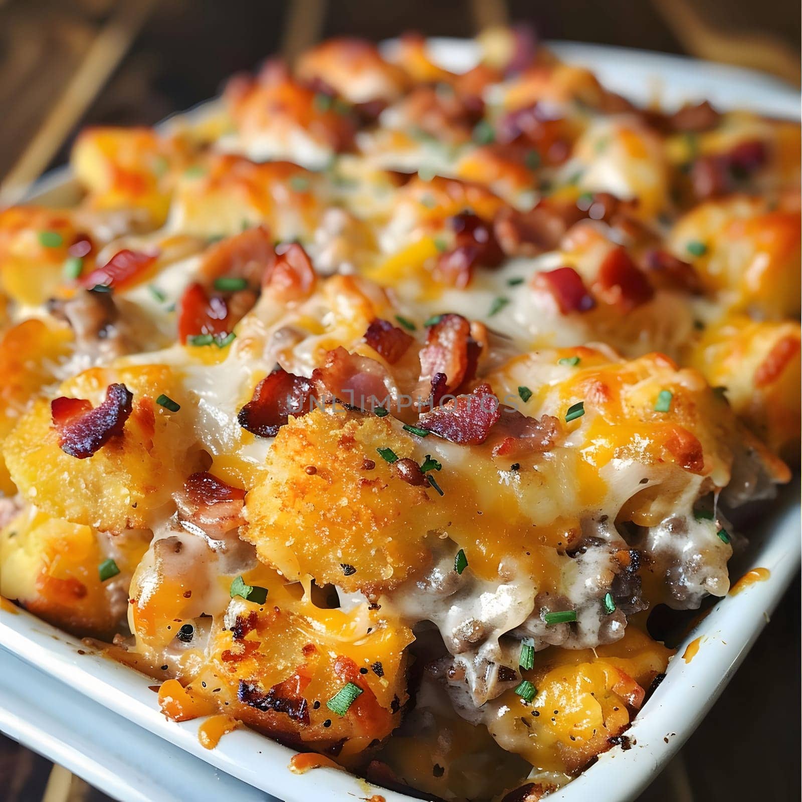 A close-up of a cheesy potato casserole with bacon. It's a delicious and comforting dish perfect for any meal.