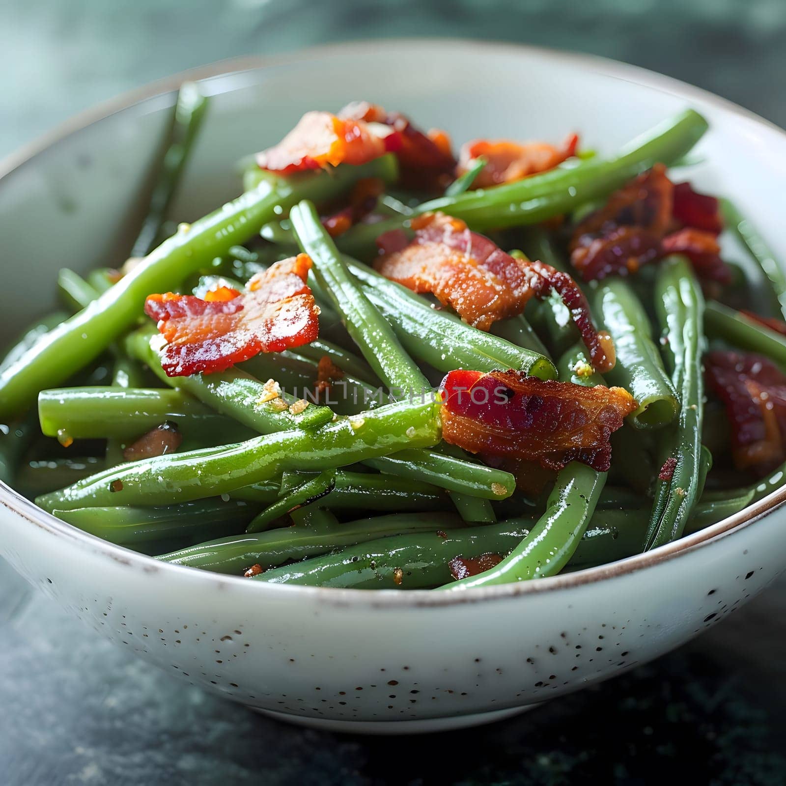 A bowl of green beans and bacon, a simple and delicious meal.