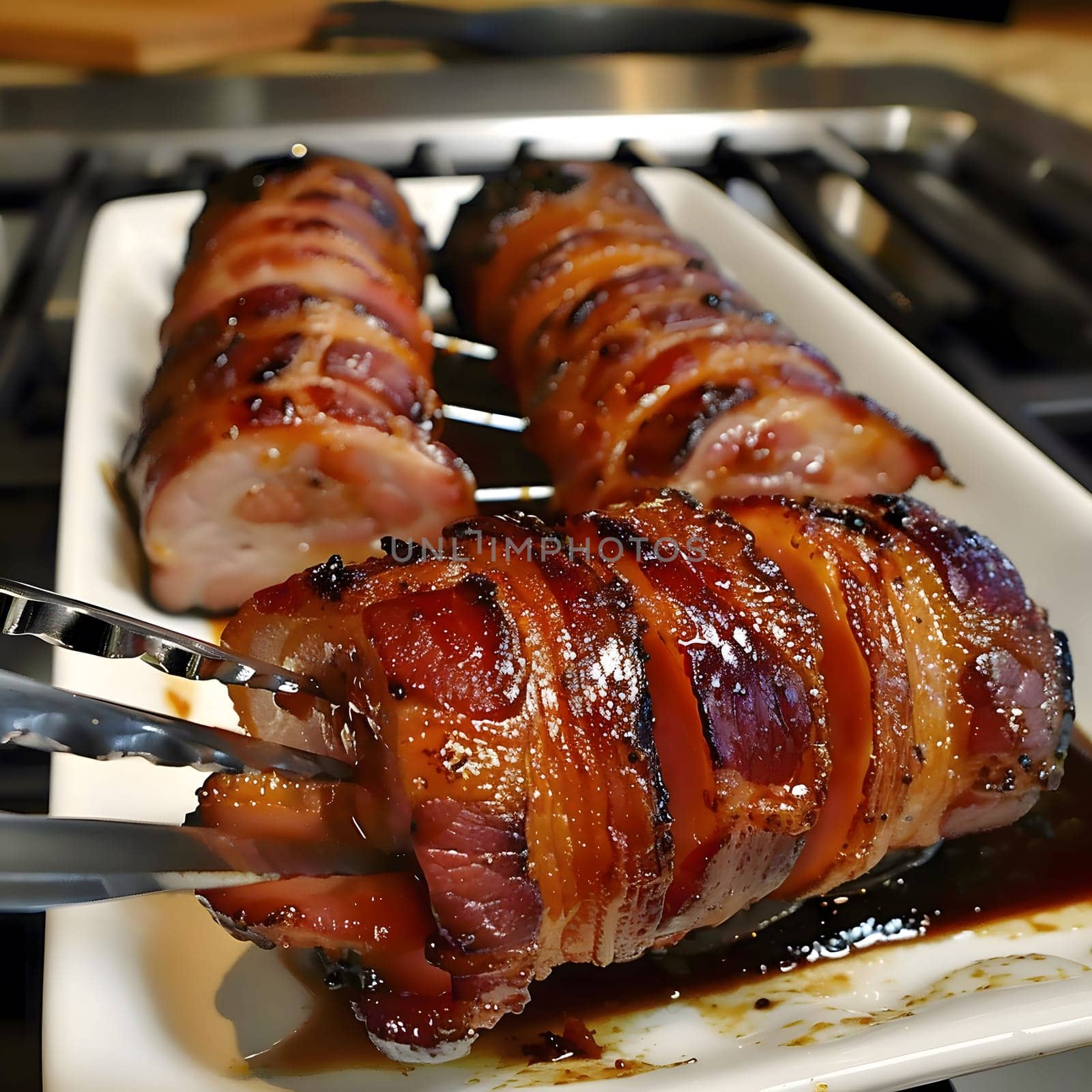 Close up of a bacon wrapped pork tenderloin on a white plate with a delicious glaze