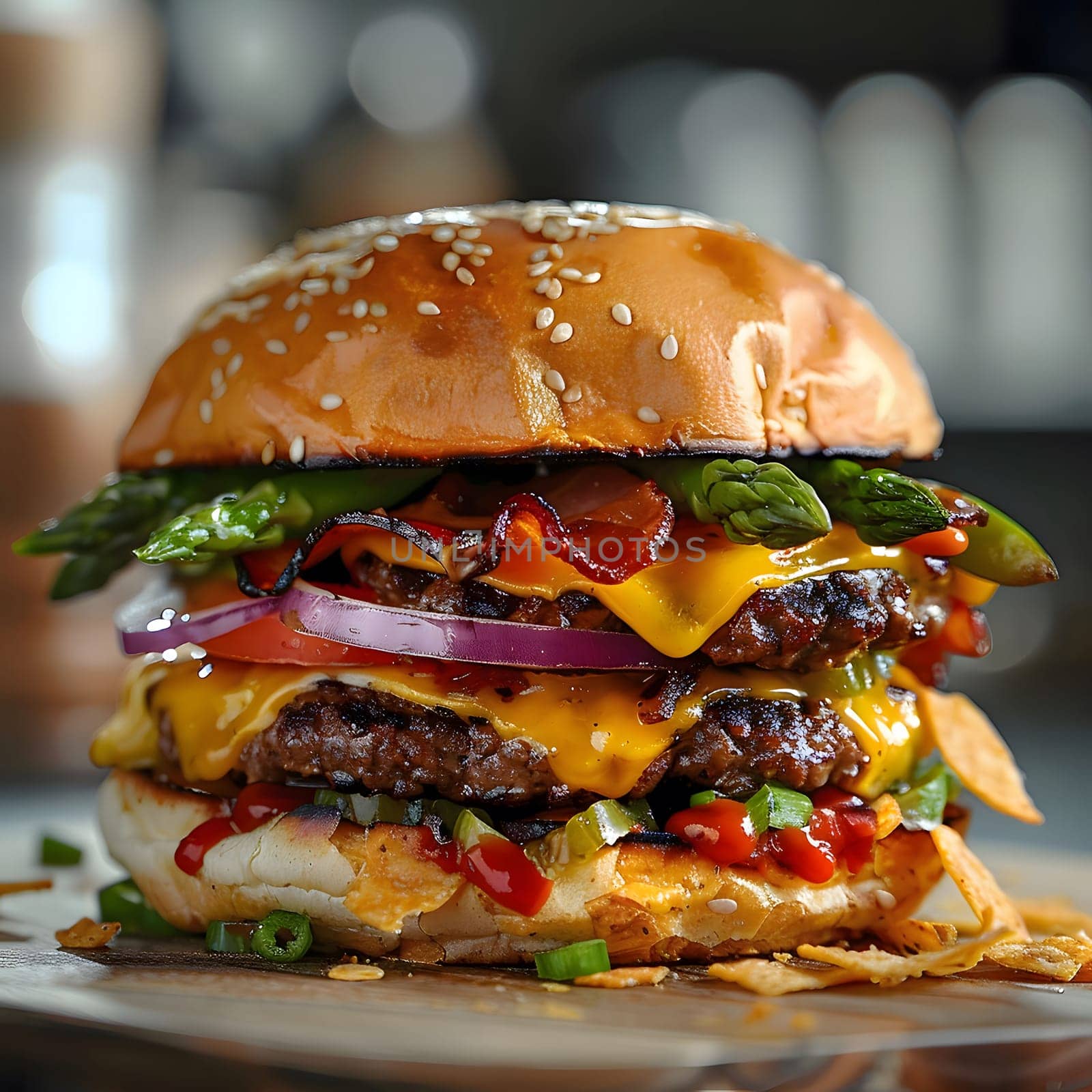 A close-up shot of a double cheeseburger with bacon and asparagus, the burger is juicy and delicious, perfect for a hearty meal.
