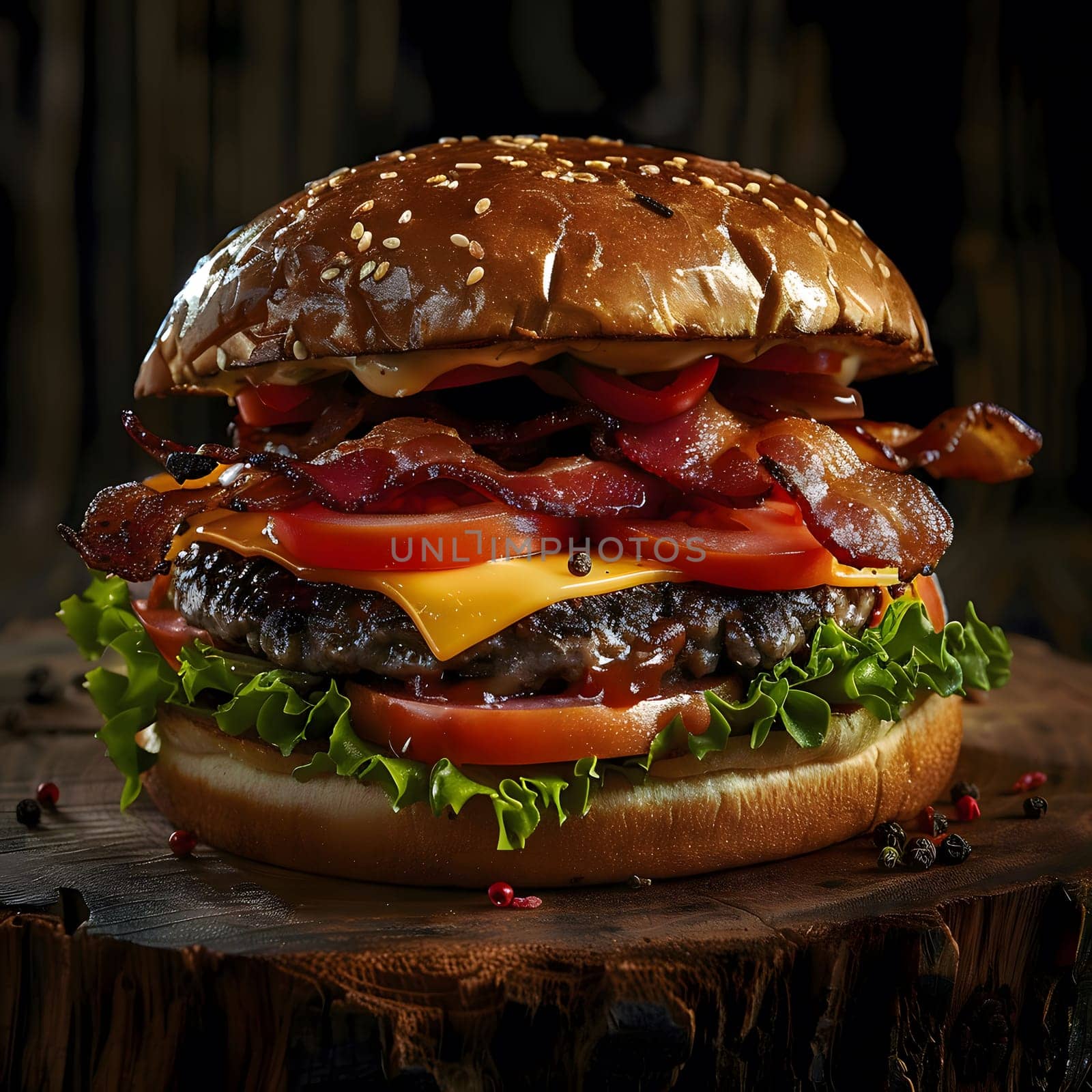 A close-up of a delicious bacon cheeseburger with a juicy beef patty, melted cheese, crispy bacon, fresh tomato and lettuce, all served on a toasted sesame seed bun.