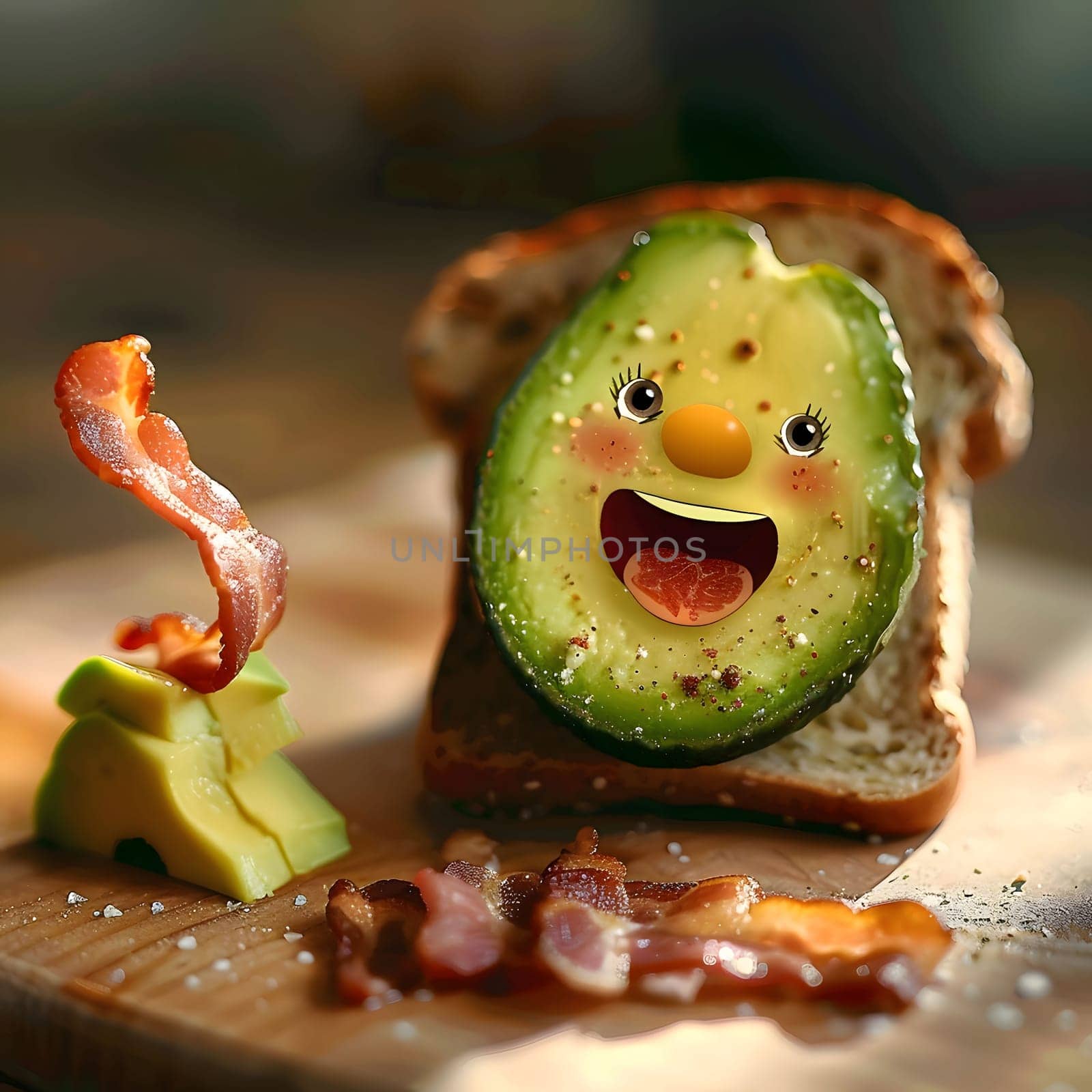 Smiling Avocado Toast is a fun and delicious breakfast or snack. This image features a ripe avocado, sliced and toasted bread, and crispy bacon. The avocado is smiling, making it a cheerful and inviting meal. The image is close-up, focusing on the details of the food and its textures.