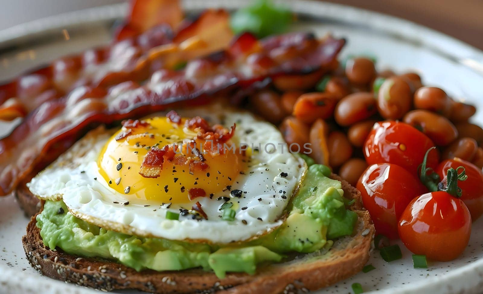 A mouthwatering breakfast plate featuring avocado toast topped with a fried egg and crispy bacon, accompanied by juicy tomatoes and baked beans. A perfect start to the day!