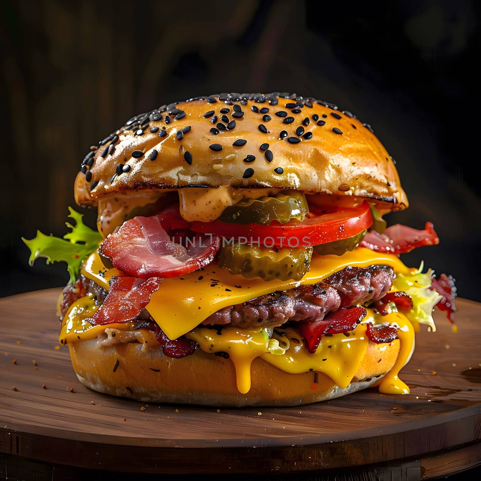 A close-up shot of a juicy cheeseburger with all the fixings, including bacon, tomato, lettuce, pickles, and cheese. It looks absolutely delicious and ready to be devoured.