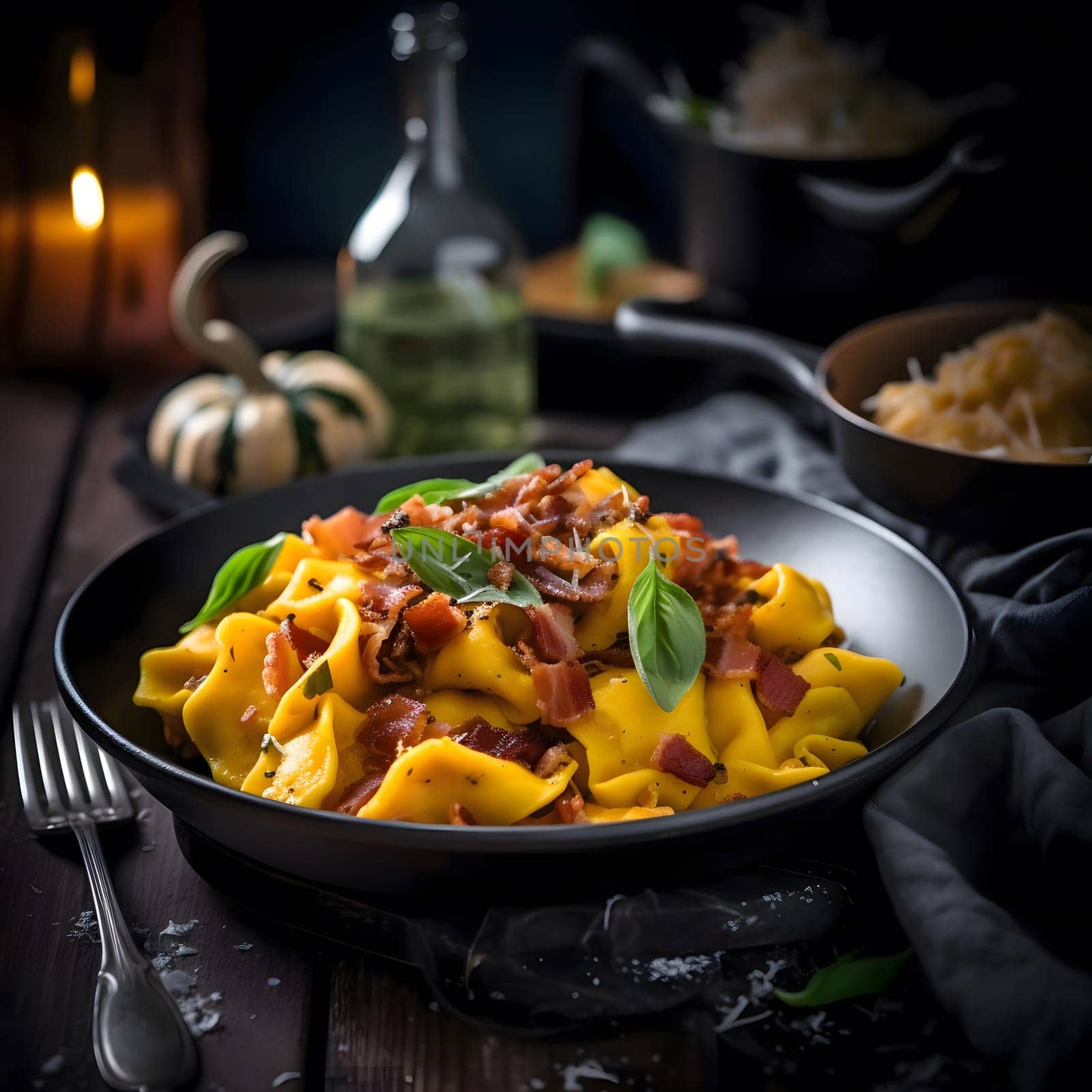 A close up shot of pasta with bacon and basil, a delicious and flavorful dish perfect for any meal.