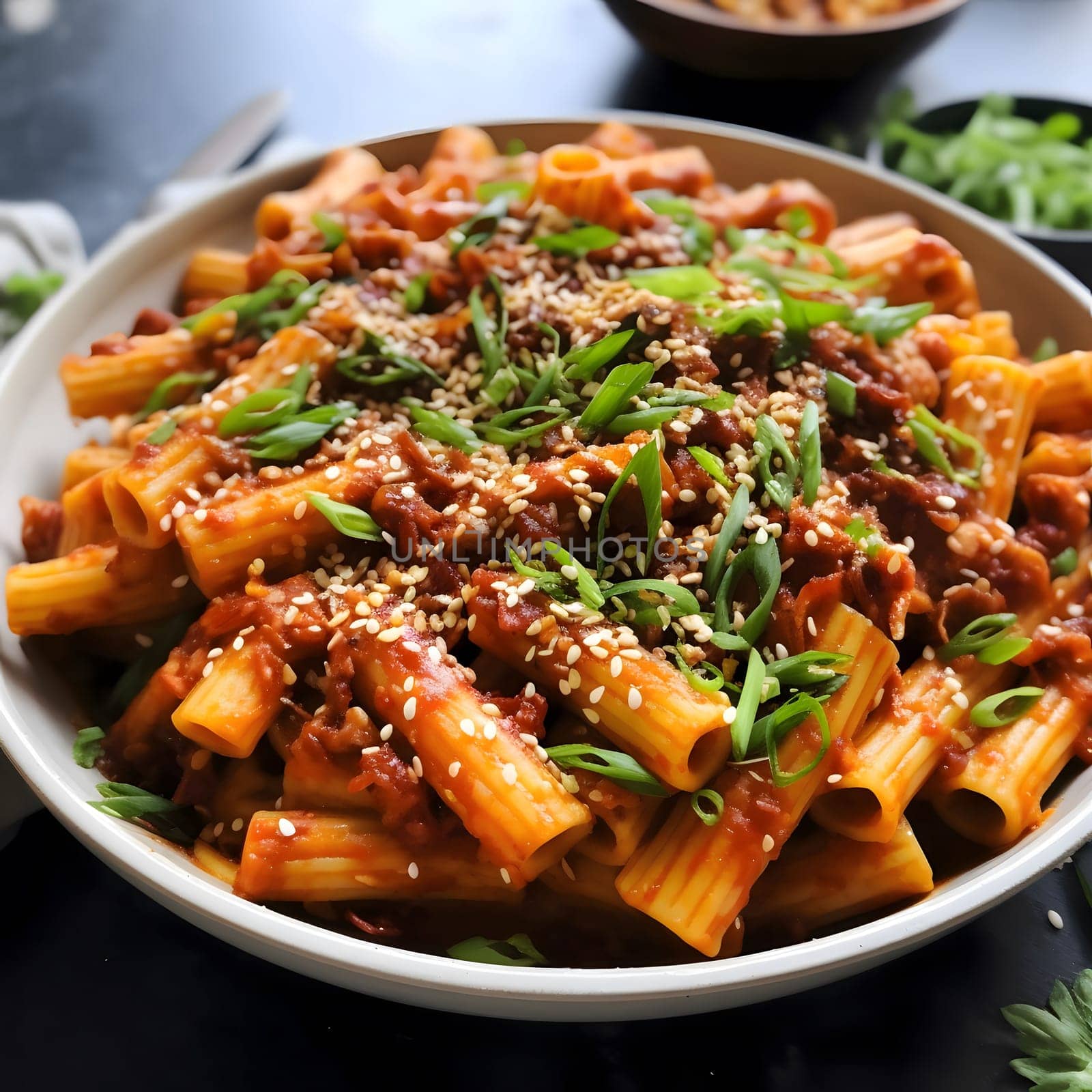 A bowl of delicious Korean pasta, topped with sesame seeds and green onions, is a popular and flavorful meal.