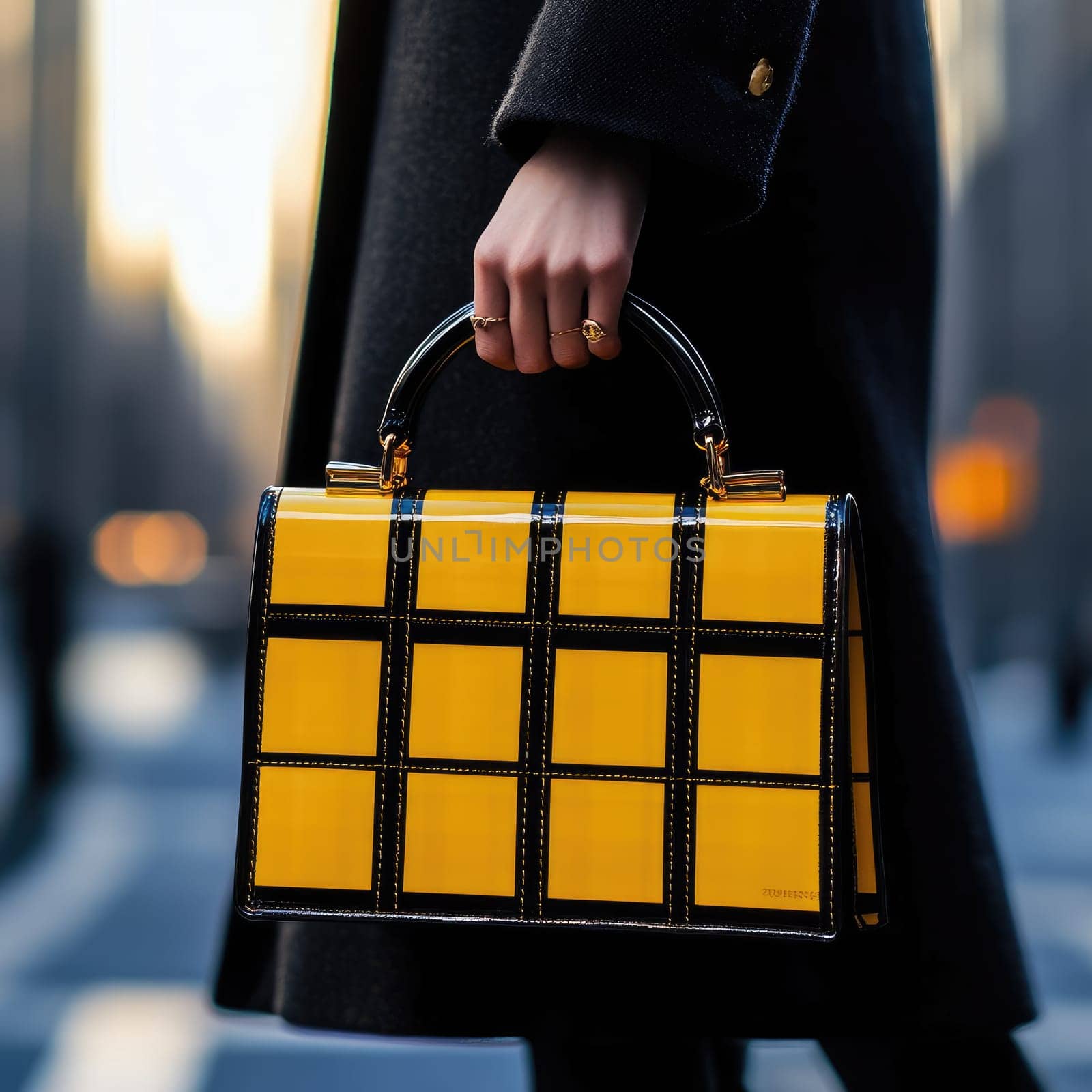 A woman is holding a yellow and black purse with a black strap. The woman is wearing a black coat and is standing on a street. The scene has a modern