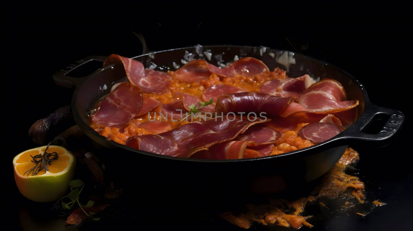 A close-up shot of a cast iron pan filled with a savory dish featuring beans and bacon, invitingly arranged. The food is styled against a black backdrop, highlighting its warm colors and texture.