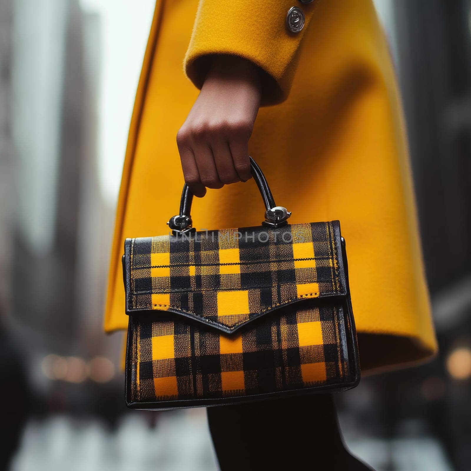 A woman is holding a yellow and black plaid purse. The purse is small and has a black strap. The scene takes place in a city