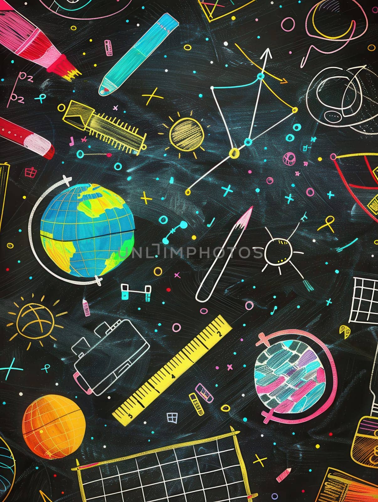 A vibrant chalkboard showcases drawings of globes, rulers, calculators, and other classroom items, creating an engaging learning atmosphere.