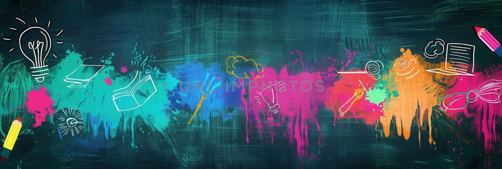 A chalkboard adorned with vibrant brush strokes and detailed drawings of school supplies and decor, perfect for creating a lively classroom atmosphere.