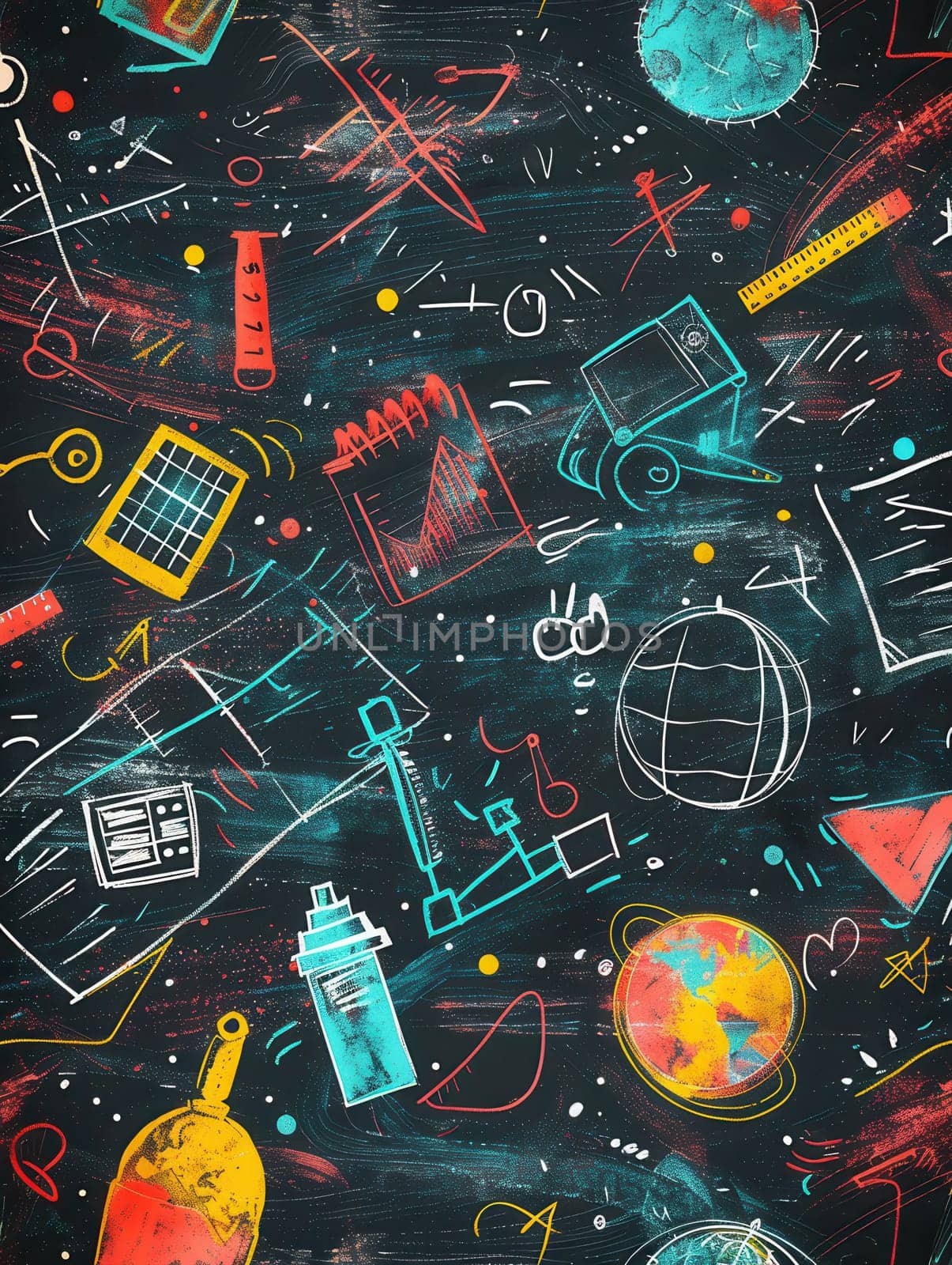 A chalkboard showcases vibrant drawings of globes, rulers, calculators, and other classroom items, enhancing the learning atmosphere.