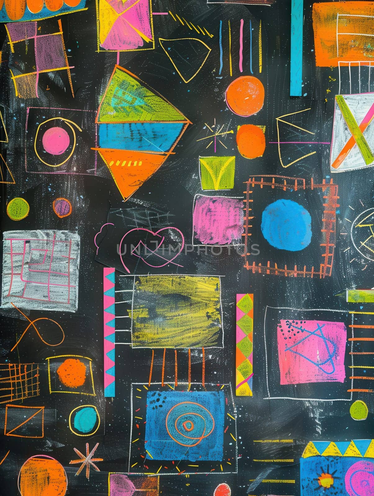 A vibrant blackboard displays an array of colorful geometric shapes and patterns created using chalk in an engaging educational environment.