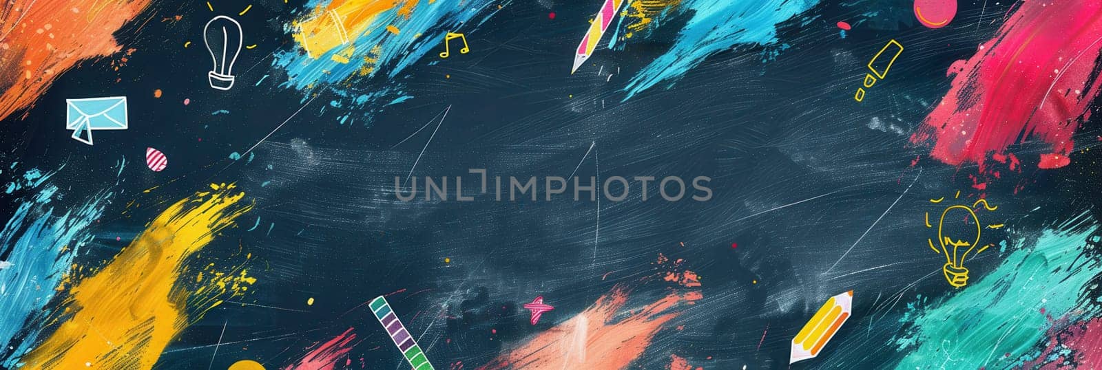 A chalkboard features vibrant brush strokes and detailed sketches of globes, rulers, calculators, pencils, and lightbulbs, creating an engaging classroom atmosphere.