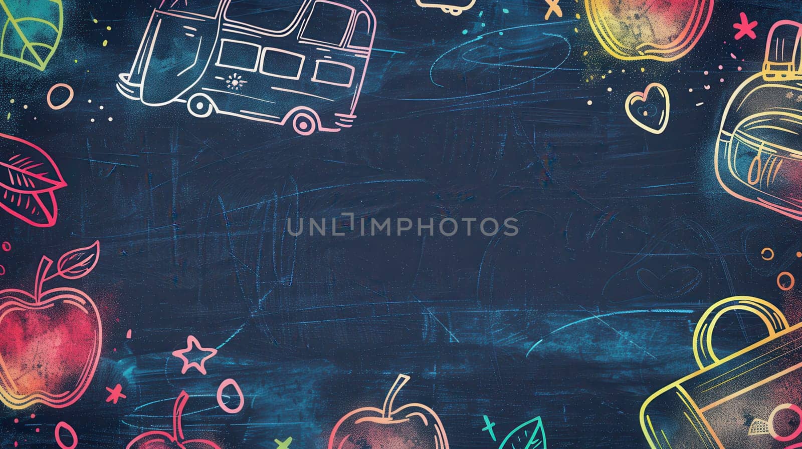 A chalkboard adorned with vibrant brushstrokes and detailed drawings of globes, rulers, calculators, and lightbulbs enhances the classroom atmosphere.