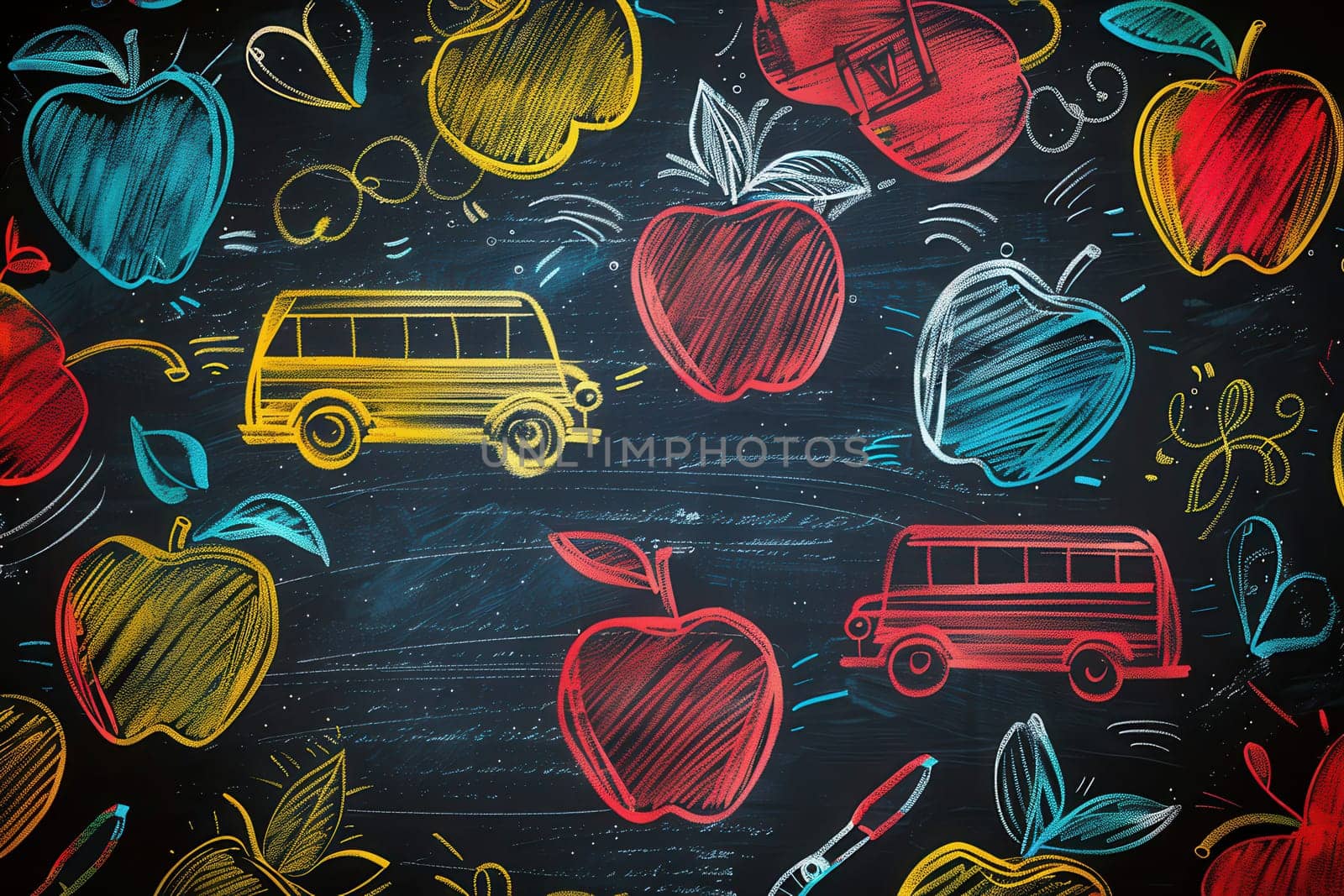 The chalkboard is vibrantly decorated with artistic drawings of school items, creating an engaging and lively atmosphere for learning.
