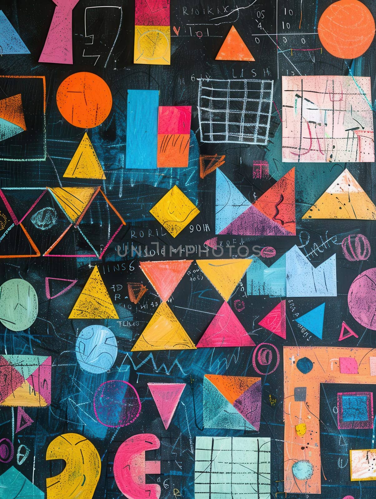 A blackboard filled with vibrant geometric shapes and patterns showcases artistic creativity during an engaging classroom activity.