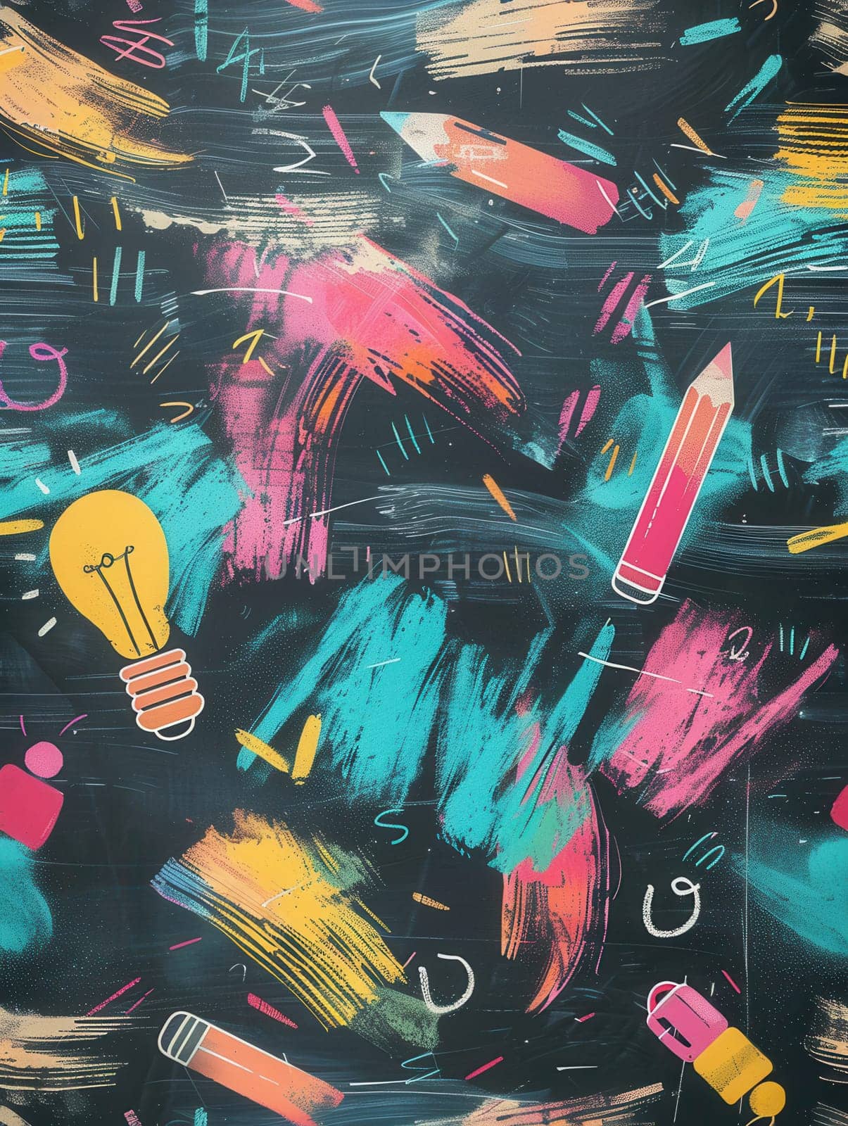 A chalkboard is artistically decorated with vibrant brush strokes and illustrations of globes, rulers, calculators, pencils, and lightbulbs.