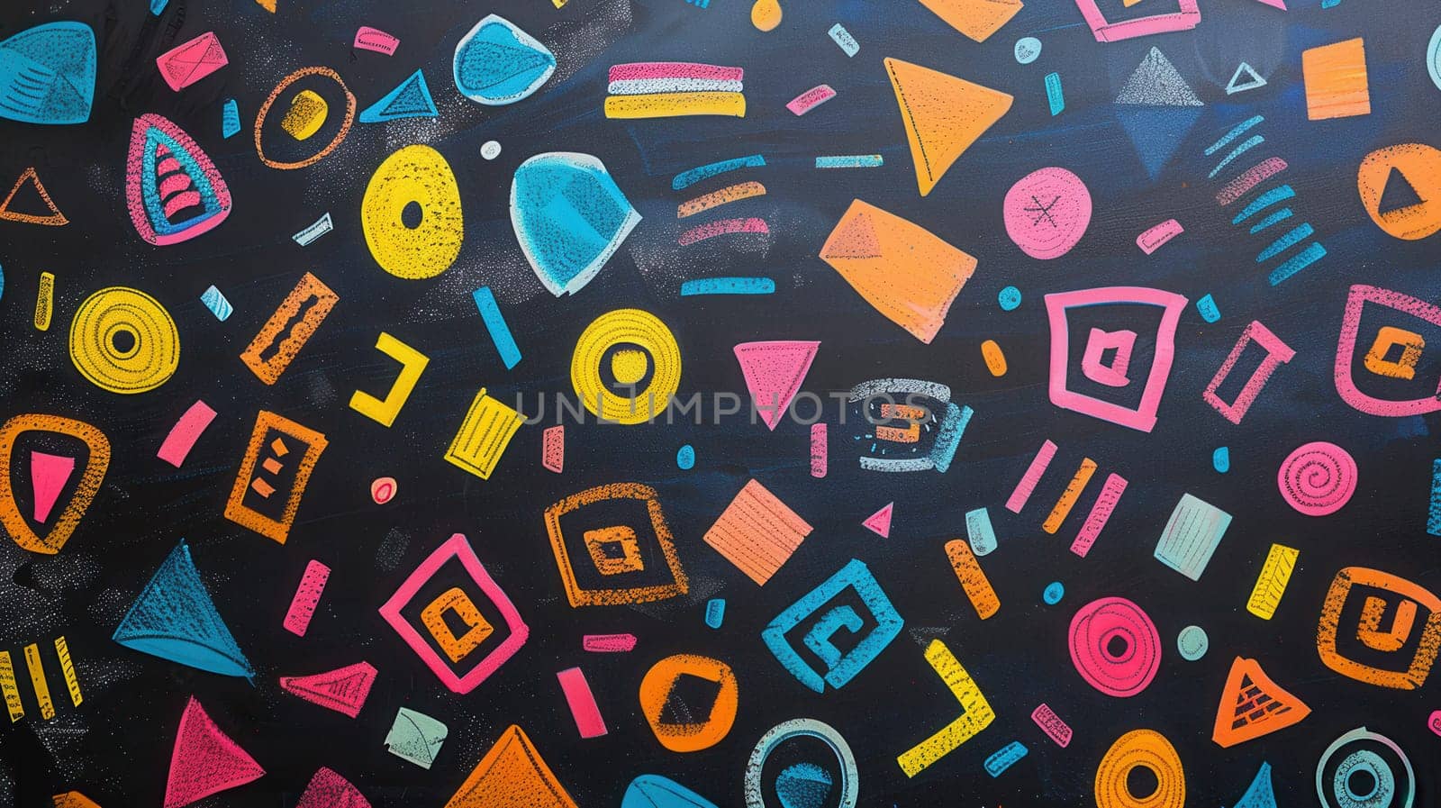 A blackboard showcases vibrant geometric shapes in assorted colors, highlighting creativity in an educational environment.