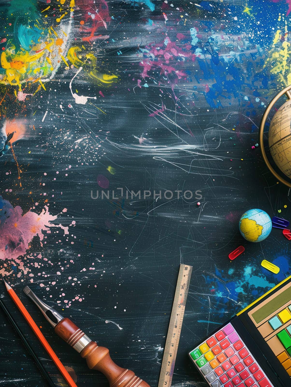 A bright chalkboard adorned with colorful strokes and drawings showcasing educational items like globes, rulers, and lightbulbs invites creativity in learning.
