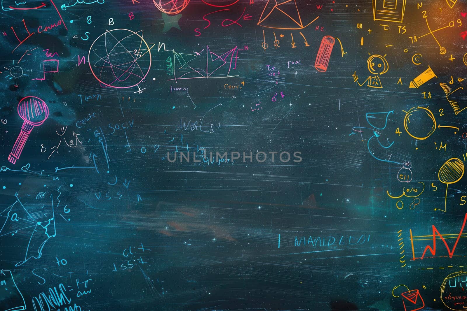 A chalkboard displays vibrant spirals and abstract shapes, showcasing artistic exploration in a creative environment.