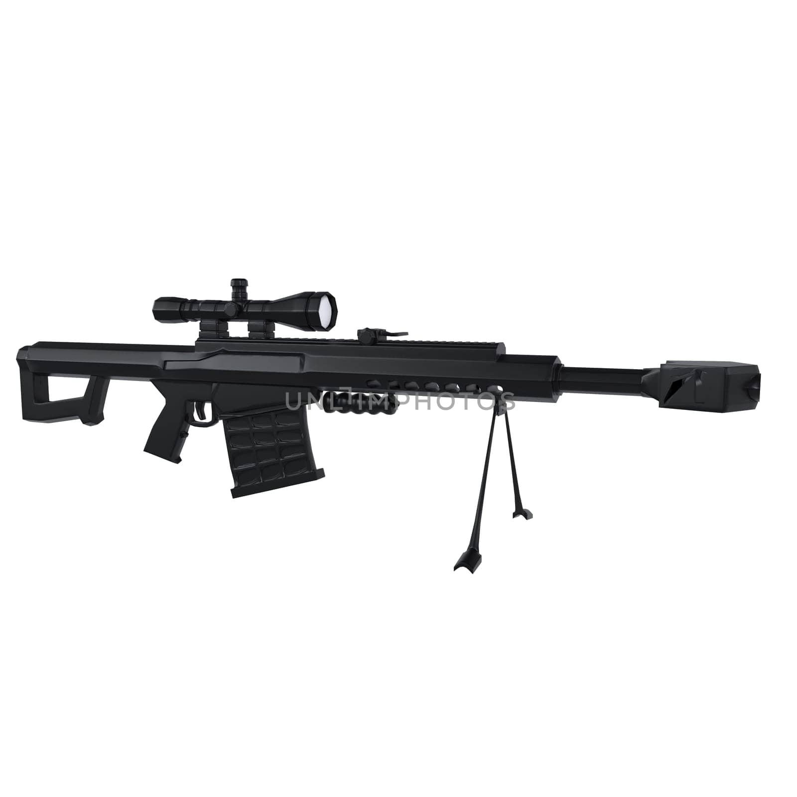 A black military rifle with a scope attached to it