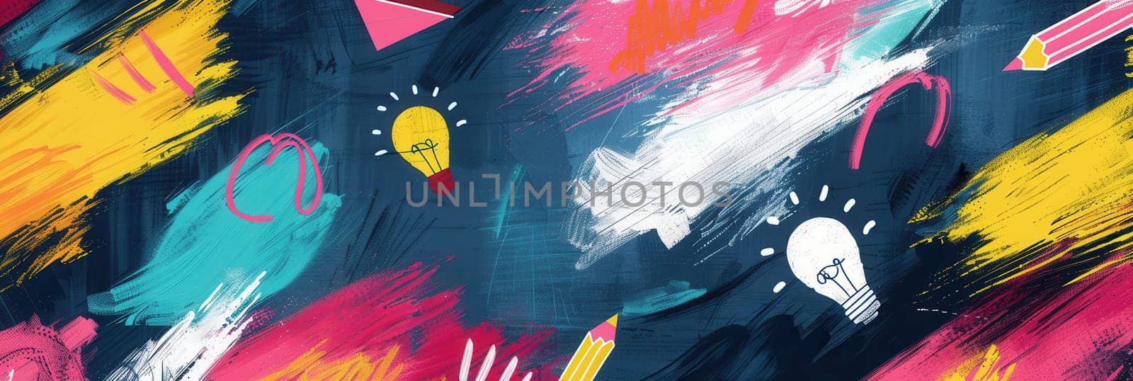 A colorful chalkboard showcases decorative brush strokes and intricate drawings of globes, rulers, pencils, calculators, and lightbulbs.