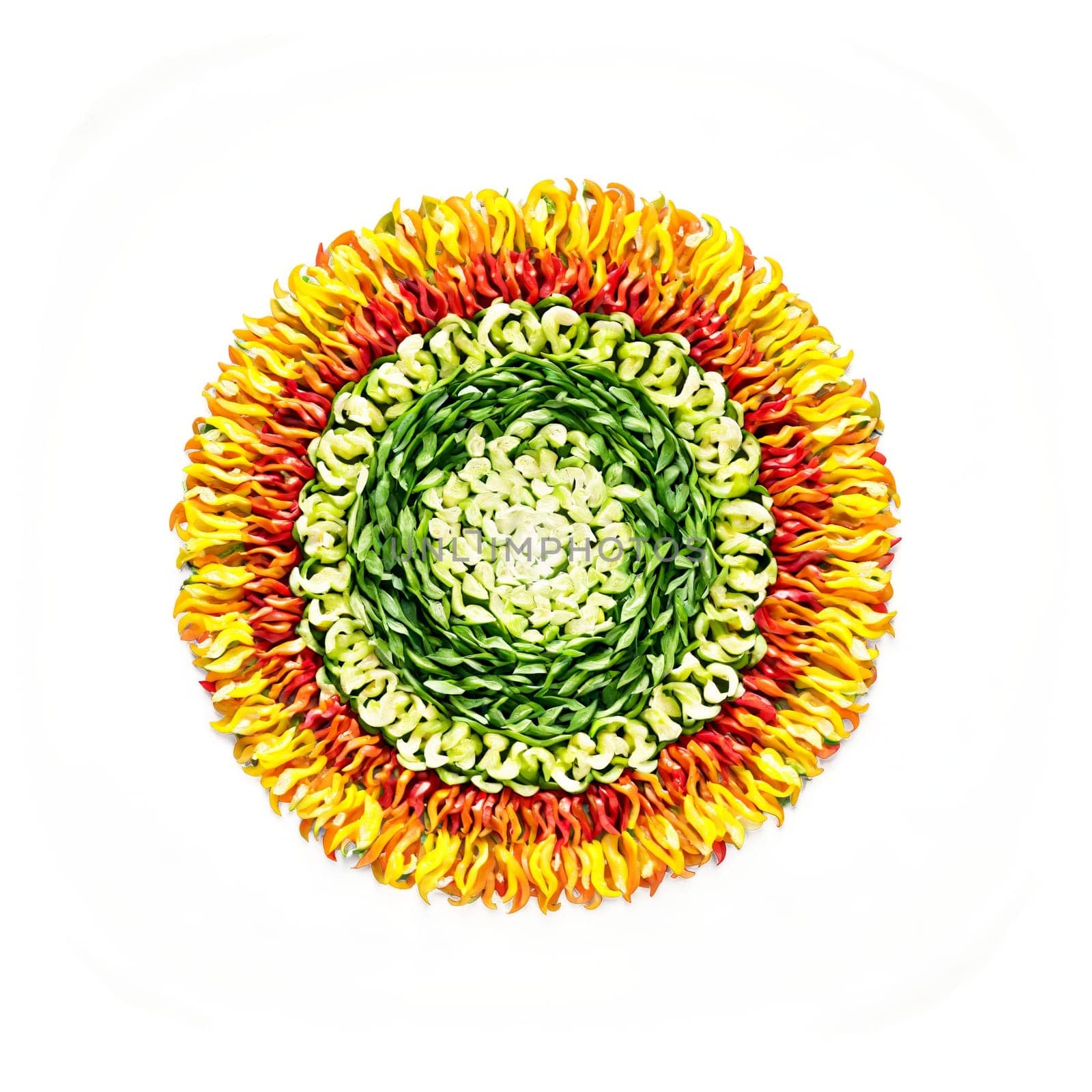 Bell Pepper Mandala colorful bell pepper strips woven into a captivating circular composition steam gently. Food isolated on transparent background.