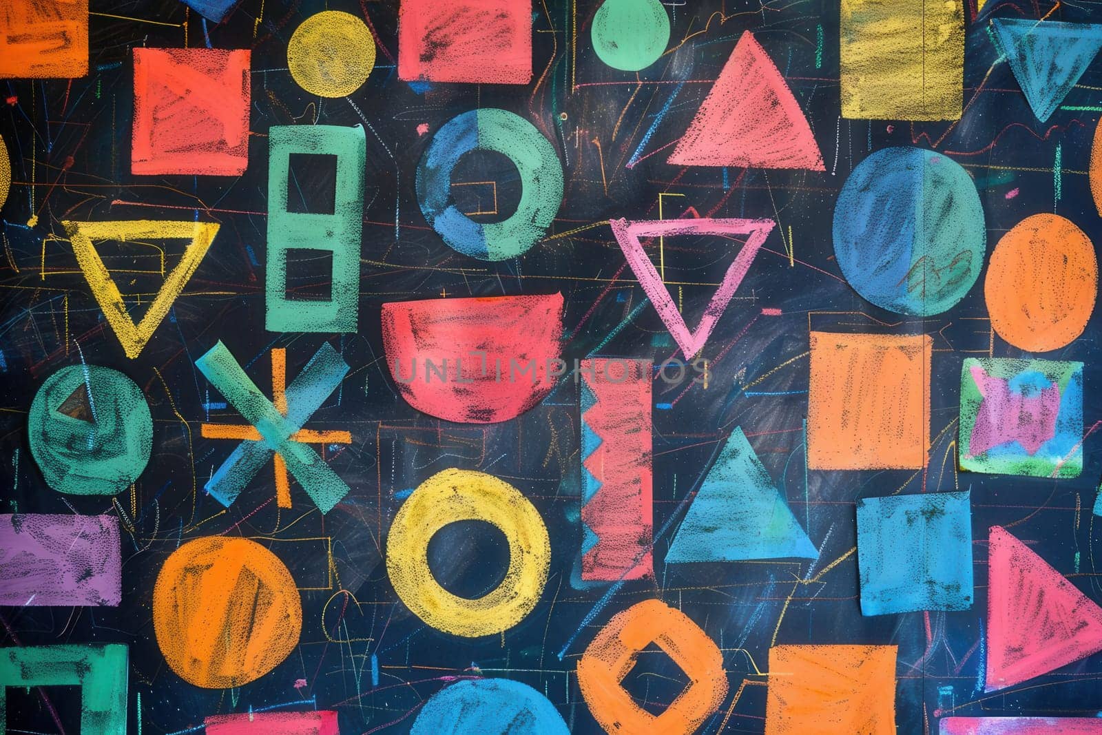A vibrant blackboard displays an array of colorful geometric shapes and patterns, showcasing creativity in a learning environment.