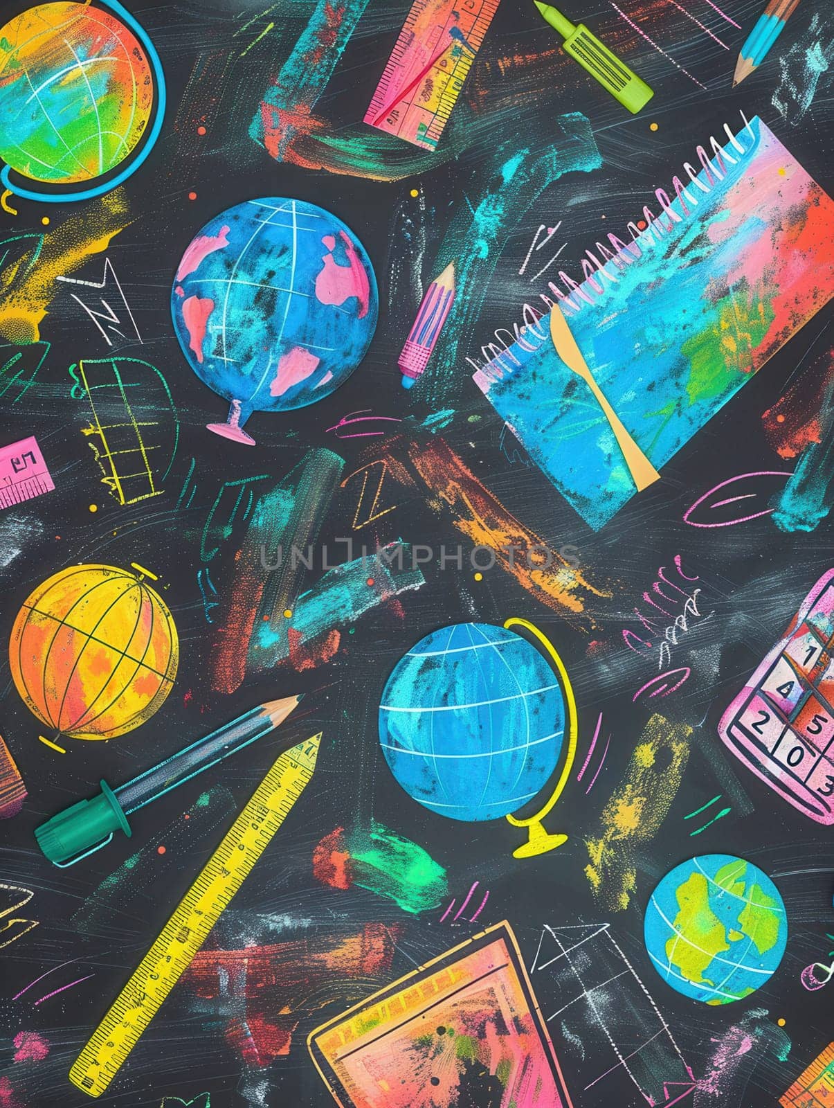 A chalkboard is adorned with vibrant strokes and intricate drawings of globes, rulers, calculators, pencils, and lightbulbs, creating an engaging educational atmosphere.