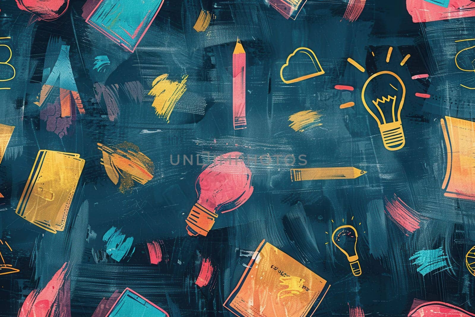 A chalkboard is adorned with colorful brush strokes and intricate drawings of globes, rulers, calculators, pencils, and lightbulbs, creating an inspiring atmosphere.