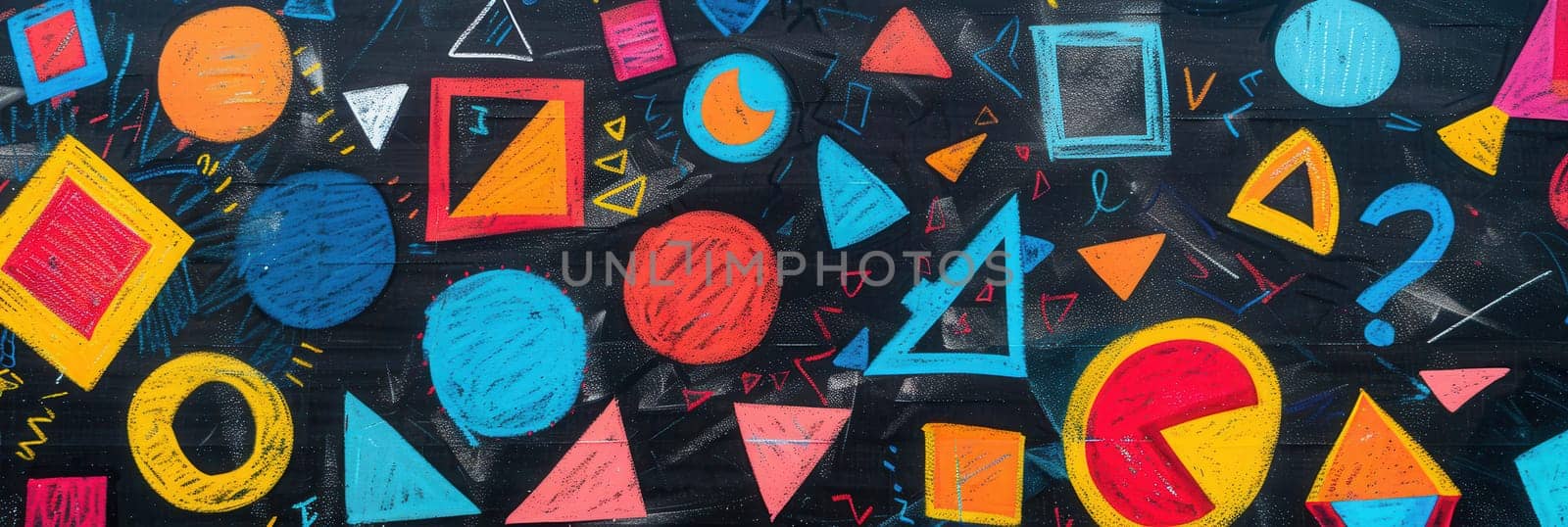 A blackboard is filled with vibrant geometric shapes and patterns, illustrating creativity and learning in an educational environment.