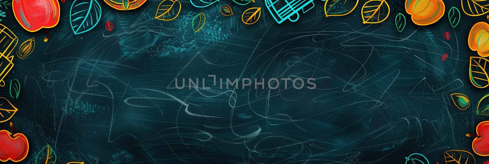 A vibrant chalkboard showcases colorful brush strokes and detailed drawings of globes, rulers, calculators, pencils, and lightbulbs, enhancing the classroom's atmosphere.