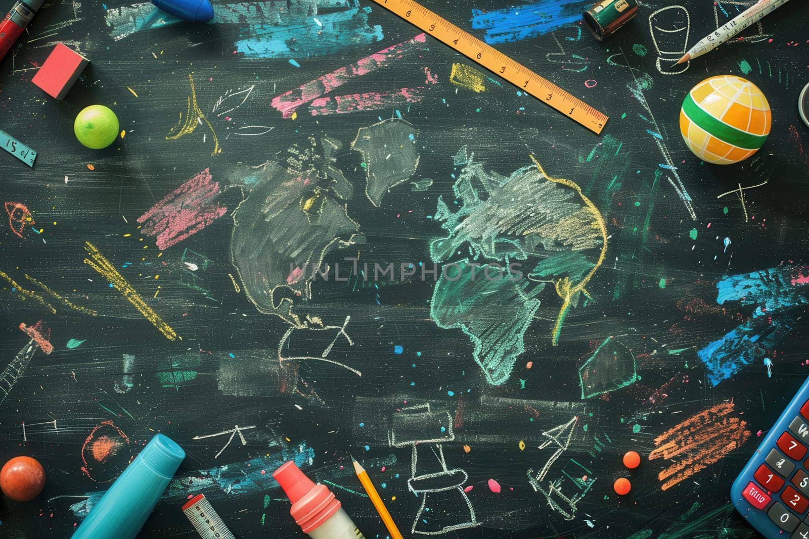 A chalkboard is adorned with vibrant brush strokes and illustrations of globes, rulers, calculators, and other school supplies.