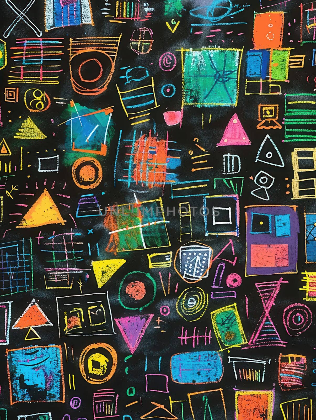 A blackboard showcases vibrant geometric shapes and patterns, created with chalk in a classroom, reflecting creativity and artistic expression.