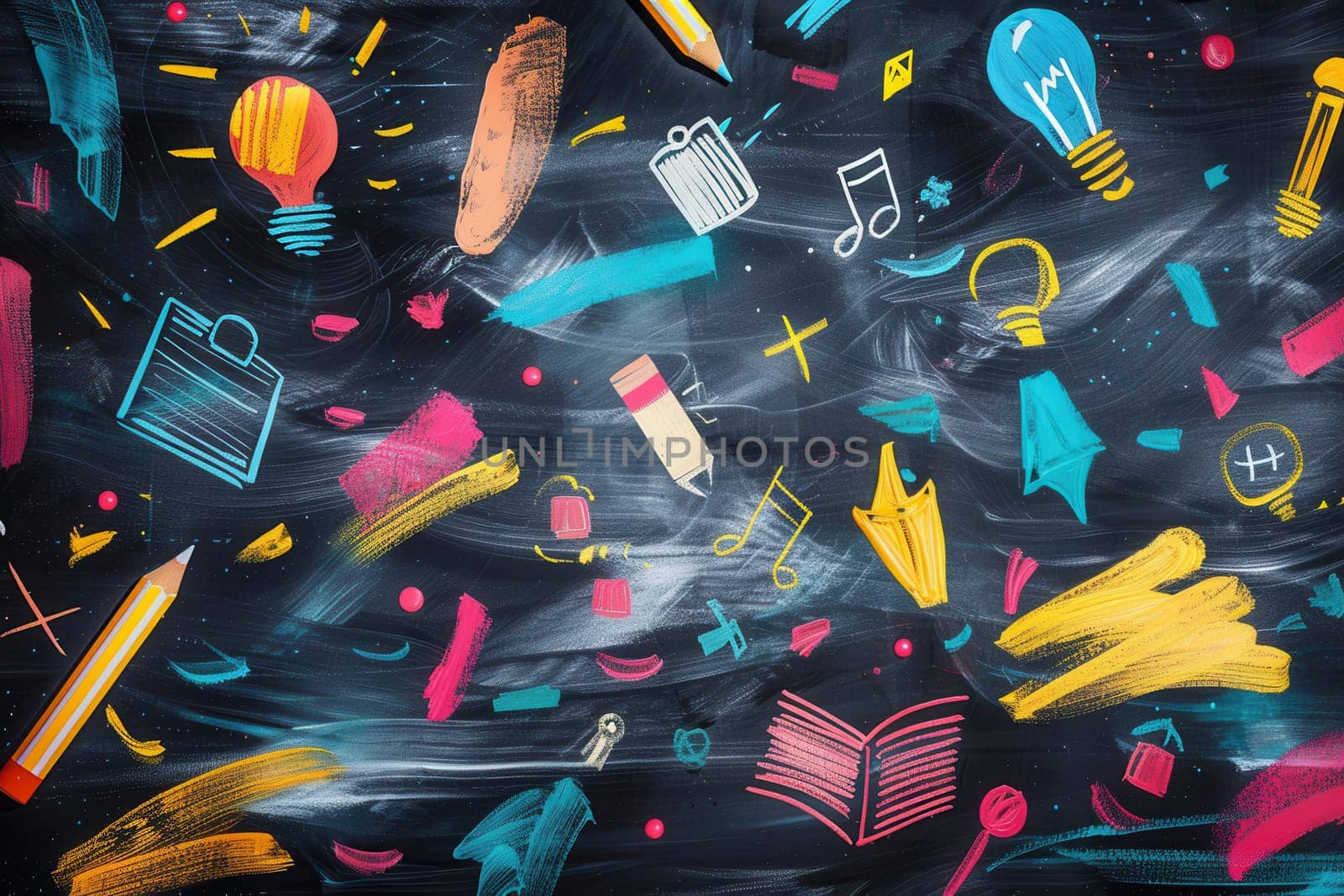 A chalkboard adorned with colorful brush strokes showcases detailed drawings of classroom items, inviting creativity and engagement during lessons.