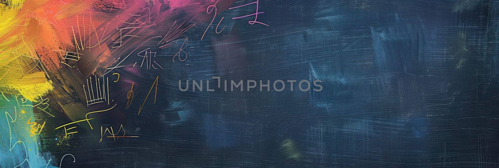 Vivid, colorful spirals and abstract shapes adorn a chalkboard, showcasing creativity during an art activity at the community center.