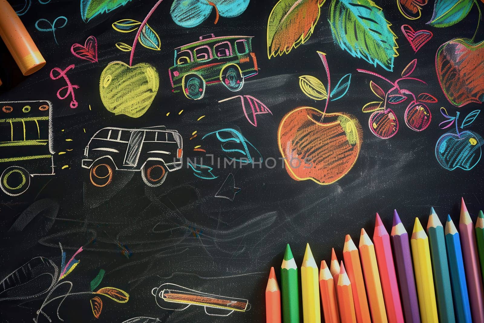 The chalkboard features vibrant brush strokes and detailed illustrations of globes, rulers, calculators, pencils, and lightbulbs in a classroom setting.