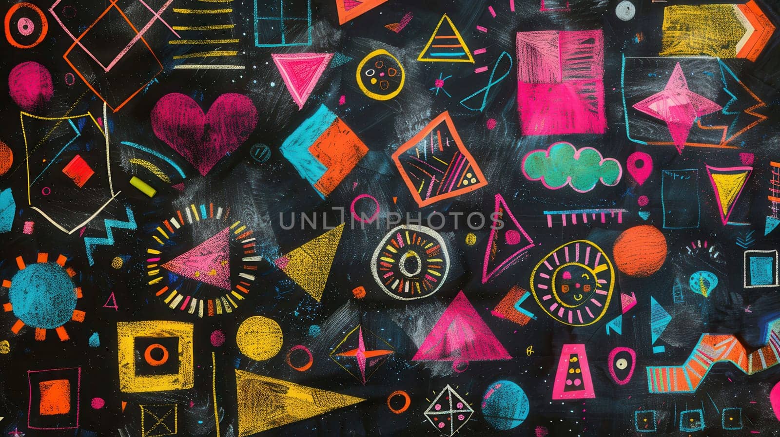 A blackboard displays an array of colorful geometric shapes and patterns, showcasing creativity in a vibrant classroom atmosphere.