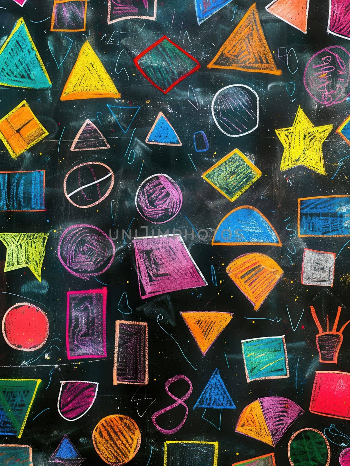 A blackboard displays an array of colorful geometric shapes and patterns created with vibrant chalk, showcasing creativity in a learning environment.