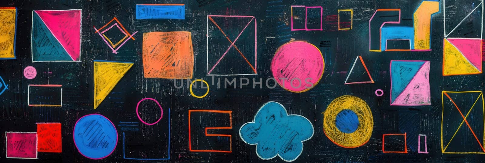 The blackboard is filled with vibrant geometric shapes and patterns created with colorful chalk during an art lesson in a classroom.